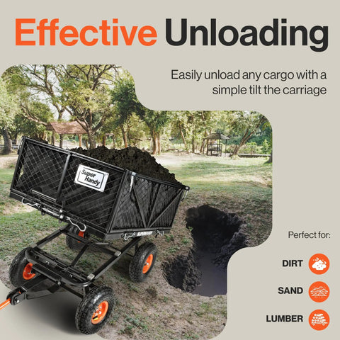 Heavy Duty Steel Garden Cart Beast With 660 Pound Hauling Capacity And Fast Dump Bed Towable Utility Wagon with dirt loaded.