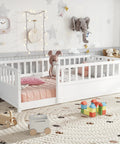Stylish Twin Size Montessori Floor Bed Frame With High Safety Fence And Clean White Finish Great For Kids Room Vibe Or Cozy Lounge Spot While Staying Built Tough And Zero Hassle To Set Up Daily in a modern kids' room.