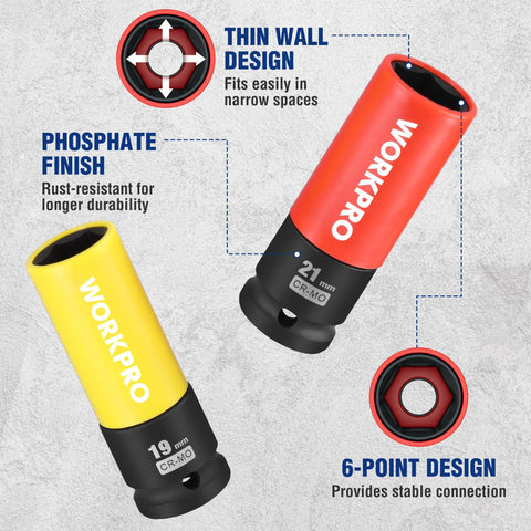 Non-Marring 1/2-Inch Drive Lug Nut Socket Set with 19mm and 21mm thin-wall sockets, CR-MO material, rust-resistant phosphate coating