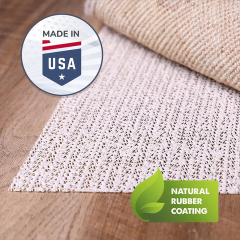 Close-up of Natural Rubber Rug Grip Non Slip Pad 3 By 5 Inch Low Profile Rug Pad with natural rubber texture on hardwood floor