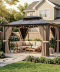 10x12 Ft Hardtop Gazebo With Aluminum Frame And Polycarbonate Roof, set up in a garden, surrounded by plants and seating area underneath.