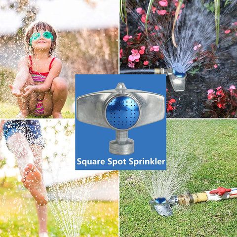 Square spot sprinkler watering garden plants and lawn with child playing in background; part of 360 Degree Metal Spot Sprinkler 2 Pack For Yard And Garden Use Heavy Duty Alloy Sprinklers With Gentle Water Flow Perfect For Small Areas And Lawns Delivers Even Coverage Up To 30 Feet set