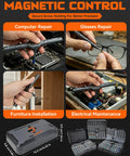 All In One Magnetic Ratchet Screwdriver Set With 42 In 1 Bits shown in use for various repairs and its compact storage case