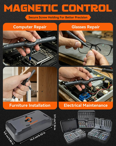 All In One Magnetic Ratchet Screwdriver Set With 42 In 1 Bits shown in use for various repairs and its compact storage case