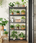 Tough As Nails 5 Tier Metal Shelving Rack With 120 Lbs Per Shelf And Foolproof Leveling Base, Rock Solid Black Storage Organizer with potted plants.