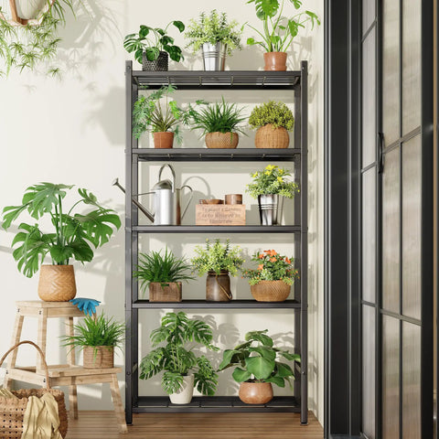 Tough As Nails 5 Tier Metal Shelving Rack With 120 Lbs Per Shelf And Foolproof Leveling Base, Rock Solid Black Storage Organizer with potted plants.
