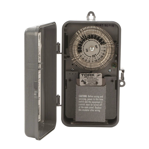 24 Hour Mechanical Time Switch For Indoor Outdoor Use With Noryl Enclosure showing internal gear mechanism and timer settings