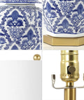 Detailed view of Blue And White Ginger Jar Ceramic LED Table Lamp With Gold Base And White Linen Shade, Chinoiserie Style