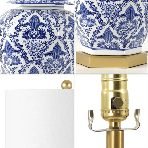 Detailed view of Blue And White Ginger Jar Ceramic LED Table Lamp With Gold Base And White Linen Shade, Chinoiserie Style