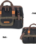 Front and back view of 32 Pocket Waxed Canvas Tool Bag With Heavy Duty Build For Electricians And HVAC Pros, 16 Inch Tool Carrier.