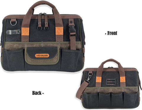 Front and back view of 32 Pocket Waxed Canvas Tool Bag With Heavy Duty Build For Electricians And HVAC Pros, 16 Inch Tool Carrier.