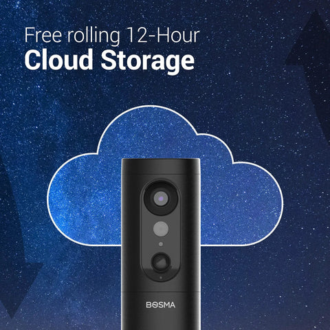 Outdoor 2K Security Camera With Auto Spotlight, featuring cloud storage ability, against a cloudy starry background