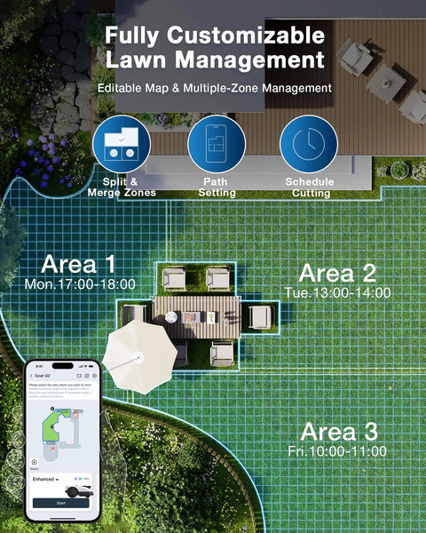 Lawn management map for Goat A3000 LiDAR Robot Lawn Mower With Dual LiDAR Navigation For Large Yards Up To Three Quarters Of An Acre