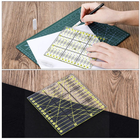 Using patchwork ruler from All In One Do It All Rotary Cutter Kit For Sewing And Quilting 104Pcs on cutting mat