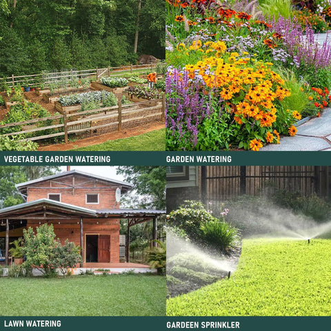 Collage of vegetable garden, flower garden, house with lawn, and lawn sprinklers for irrigation.