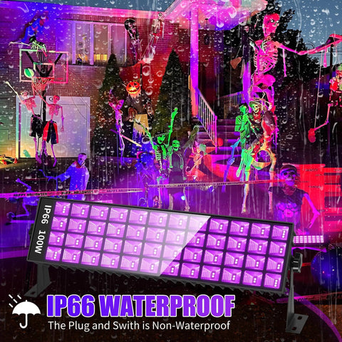 100W LED Black Light Bar illuminating neon skeletons at outdoor party, IP66 waterproof, vibrant glow with 6ft cord visible