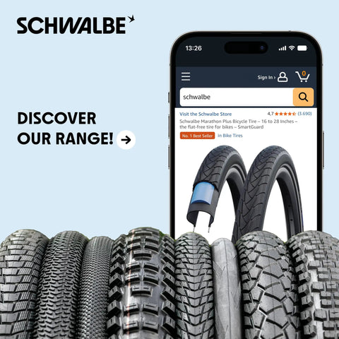 Display showing Schwalbe tire range, with focus on Aerothan Tube Ultra Lightweight TPU Bicycle Inner Tube For MTB Mountain Bikes Trekking Gravel Cargo.