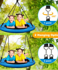 40 Inch Saucer Tree Swing With 600 Pound Capacity Includes 2 Straps And Carabiners Pillow Waterproof 900D Oxford Seat Steel Frame For Kids And Adults Backyard Blue showing two children swinging with tree hanging options.