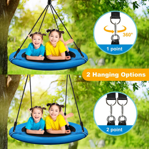 40 Inch Saucer Tree Swing With 600 Pound Capacity Includes 2 Straps And Carabiners Pillow Waterproof 900D Oxford Seat Steel Frame For Kids And Adults Backyard Blue showing two children swinging with tree hanging options.