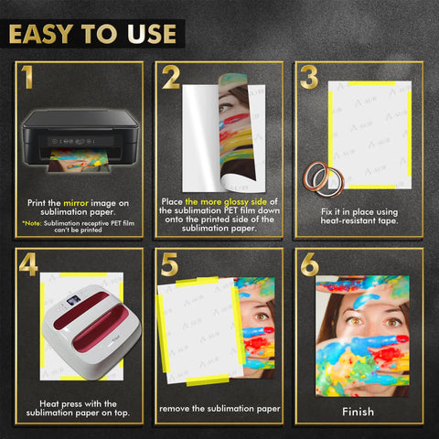 Step-by-step instructions for using Premium Sublimation Receptive PET Photo Blanks 8.5 By 11 Inch 5 Pack