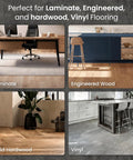 Heavy Duty Three In One Floor Underlayment Roll, 200 Square Feet, 3 Mm Thick Epe Foam With Silver Foil Vapor Barrier and Easy Grip Tape, shown under various flooring types.