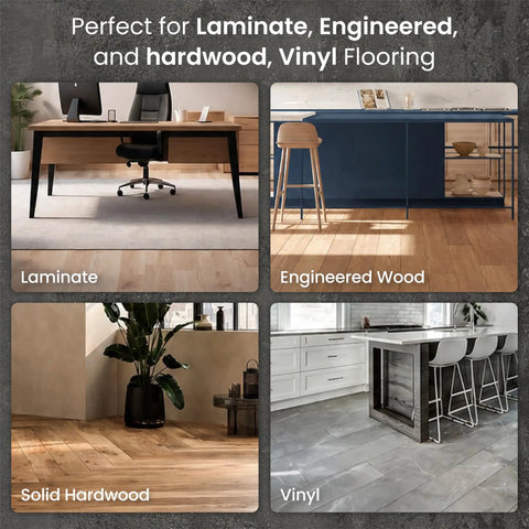 Heavy Duty Three In One Floor Underlayment Roll, 200 Square Feet, 3 Mm Thick Epe Foam With Silver Foil Vapor Barrier and Easy Grip Tape, shown under various flooring types.