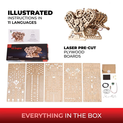 One Six Scale V8 Engine Wooden Model Kit For Adults With Moving Pistons Cam Shafts And Serpentine Belt 3D Mechanical Puzzle Hands On Diy Kit Functional Engine Replica With Electric Motor 776 Piece Count, box contents