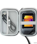 Rugged Hard Shell Thermal Camera Case With Water Resistant Exterior Fits FLIR C5 C3 X FLIR One Pro Seek Reveal XR And Other Infrared Cameras With Built In Wrist Strap And Interior Elastic Straps For Go Anywhere And Scratch Free Protection showing interior with device and straps