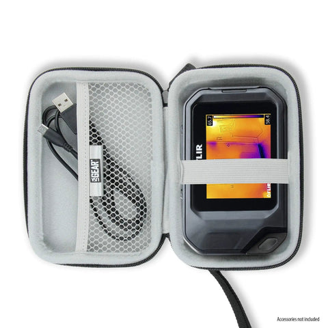 Rugged Hard Shell Thermal Camera Case With Water Resistant Exterior Fits FLIR C5 C3 X FLIR One Pro Seek Reveal XR And Other Infrared Cameras With Built In Wrist Strap And Interior Elastic Straps For Go Anywhere And Scratch Free Protection showing interior with device and straps