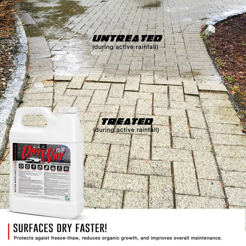 Knockout Commercial Grade Concrete Driveway Sealer Featuring Silane And Siloxane Formula For Serious Water Shielding On Patios Pool Decks And Garages That Deserve Bulletproof Long Term Coverage Without Breaking A Sweat, shown on treated and untreated pavers.