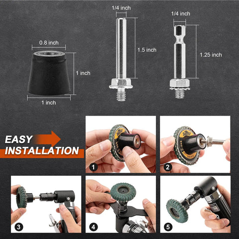 12Pcs Pro Grade Heavy Duty Mixed Curved Flap Discs Set installation guide with size specifications for die grinder holder and discs.