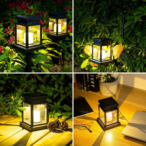 Eight Pack Solar Lantern Lights Outdoor Waterproof LED Hanging Lanterns With Candle Effect For Garden Patio Porch Yard Pathway Chill Mood Lighting Warm White Ambience Weather Resistant Stakes Included No Wiring Needed Easy Outdoor Decor