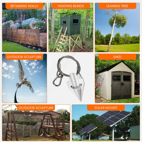 Collage showing uses of Deep Penetration 31 Inch Ground Anchor Kit Set Of Four with driving rod for various structures.