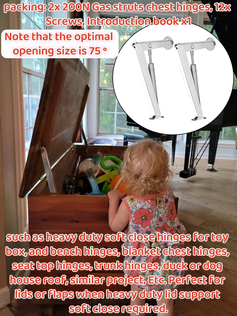 2 Pack Heavy Duty Gas Strut Hinges For Lids Up To 60 Lbs With Soft Close Pneumatic Lift on toy box, 200N support shown