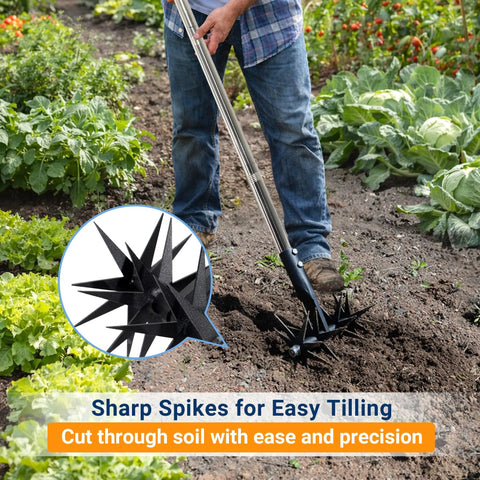 Gardener using 66 Inch Rotary Cultivator with Tempered Spring Steel Tines and Adjustable Stainless Steel Handle to loosen soil