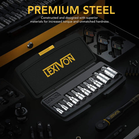 XZN Triple Square Spline Bit Socket Set 10 Piece M4 To M18 European Style S2 Alloy Steel with storage case in open view