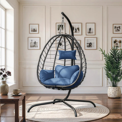 Foldable Egg Chair With Stand For Indoor And Outdoor Use Wicker Rattan Swing Chair 485 Lbs Capacity Strong Iron Frame UV Resistant Cushion Patio Balcony Blue in living room