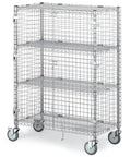 Heavy Duty Chrome Wire Security Cart Nsf Listed Mobile Storage Cage Kit Built Like A Tank For Warehouse Grocery Storage Featuring Rock Solid Mesh Design With Adjustable Shelves handling fifteen hundred pounds.