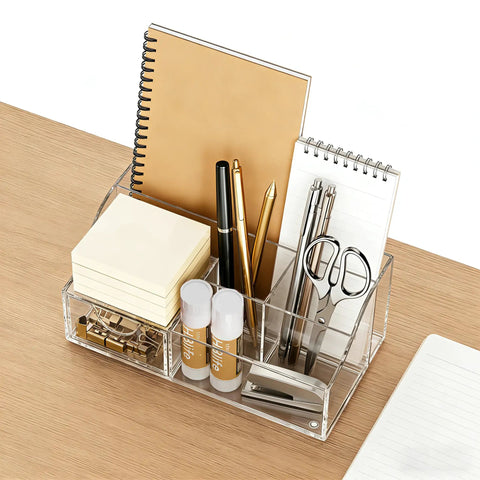Acrylic Desk Organizer With Six Compartments, Pen And Pencil Holder, Clear Desktop Caddy For Office Supplies, Home Office Or Dorm
