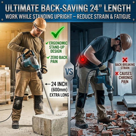 Comparison of ergonomic use with 24 Inch SDS Max Chisel Bits Set 3 Piece Extra Long Demolition Kit versus improper technique.