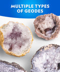 Break Open Four Geodes Science Kit With Goggles And Display Stand For STEM Learning multiple geode types with amethyst