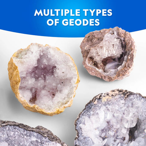 Break Open Four Geodes Science Kit With Goggles And Display Stand For STEM Learning multiple geode types with amethyst