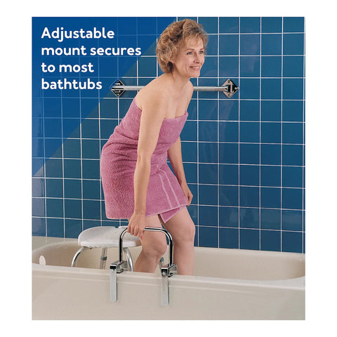 Woman using Bathtub Grab Bar For Seniors And Disabled, No Sweat Safe Grip Rail For Getting In And Out Of Tub, Easy Install, Chrome.