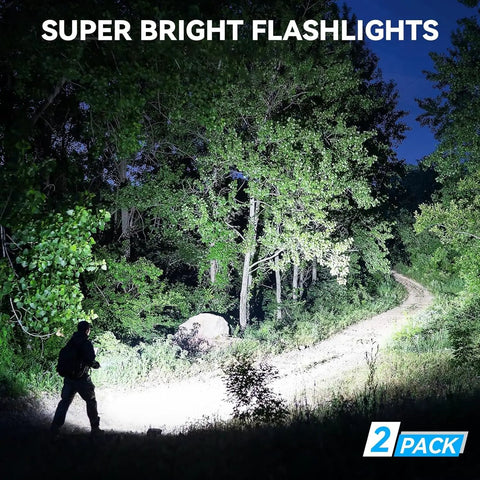 Person using Insanely Bright 99,000 Lumen Rechargeable LED Flashlight Two Pack With Five Modes For Home, Camping And Emergencies