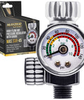 Front view of two items: Master Elite Series high-flow air regulator with gauge for spray guns and packaging box.