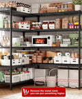 Massive 5 Tier Heavy Duty Metal Storage Shelving Unit 72.8 Inch Wide Wire Shelves With 1600 Lbs Total Weight Capacity For Garage Or Workshop Organization And Easy Clutter Busting. Black 5-tier wire shelving in pantry with appliances and bins