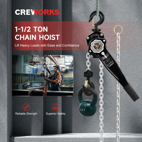 Lever Chain Hoist One And One Half Ton Capacity 3300 Lb Manual Chain Hoist With Ten Ft Lift G80 Galvanized Chain and worker