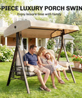 Family enjoying Three Seat Patio Swing Chair With Adjustable Canopy Cozy Outdoor Porch Swing Glider in backyard setting