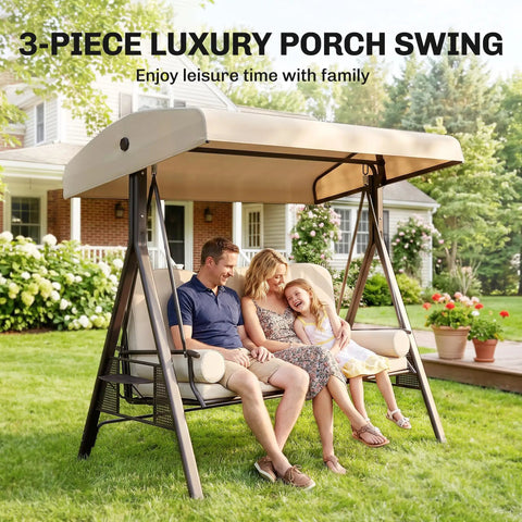 Family enjoying Three Seat Patio Swing Chair With Adjustable Canopy Cozy Outdoor Porch Swing Glider in backyard setting