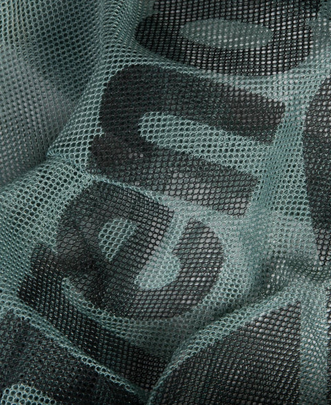 Close-up of the Mesh Pool Gear Sack For Swim Team Practice Quick Dry Tote Bag With Drawstring Closure Durable Polyester, Sage Green mesh.